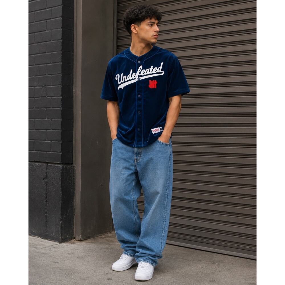 UNDEFEated Corduroy S/S Baseball Jersey Blue Embroidered Patch Large Streetwear